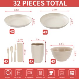 Wheat Straw Dinnerware Set (32PCS)| Unbreakable Tableware Set Dishwasher & Microwave Safe Eco-Friendly Reusable Dinner Dessert Plates, Bowls, Mugs, Cutlery (Beige)