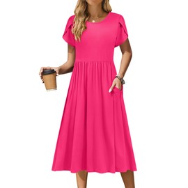 Zeagoo midi Dress for Women Short Sleeve Summer Dress Plain Aline Flowy Swing Tshirt Dress Casual Crewneck Loose Shift Dressess wiht Pocket,Rose,XX-Large