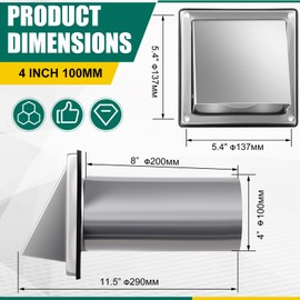 Otoolling 4" Dryer Vent Cover Outside with Stainless Steel Guard Outdoor Wall Dryer Exhaust Vent Cover and Removable Extended Pipe Shroud Hood Cushioned Non Return Flap with Sealing Gasket Grille