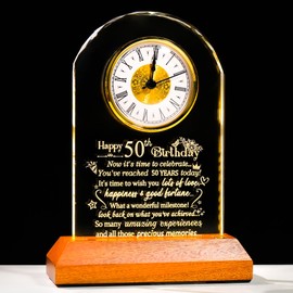 Ornalrist Happy 50th Birthday Crystal Clock Gifts for Men Women, 50 Year Old Birthday Present for Her, Him, 50th Birthday Keepsake for Couple, Quartz Clock with Wooden LED Light Base
