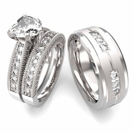 LOVERSRING Two Rings Wedding Ring Sets His and Hers Promise Ring Couples Bridal Sets Women 925 Sterling Silver Heart Cz Man Brushed Finished Tungsten Carbide Wedding Bands