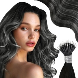 Moresoo Ombre Silver Nano Hair Extensions Human Hair 14 Inch Balayage Natural Black to Silver Nano Ring Hair Extensions 1g/s 50g/Pack Nano Beads Hair Extensions #1B/Silver/1B