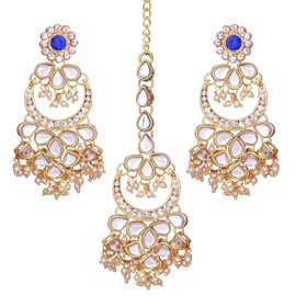Aheli Kundan Pearl Chandbali Earrings with Maang Tikka Indian Traditional Bollywood Fashion Jewelry Set for Women