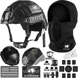 ACTIONUNION Airsoft Helmet and Mask Set Tactical Paintball Helmet and Balaclava Mesh Mask MH Type (Black, Medium)