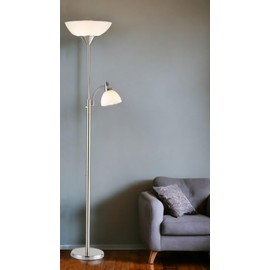 HomeRoots 71" Silver Metal Two Light Torchiere Floor Lamp with White Bowl Shade