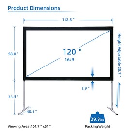 SCREENPRO 120inch Projector Screen with Stand, Fast Foldable Outdoor Projector Screen for Patio with Adjustable Leg(33"-51"),16:9 HD 4K Projector Screen for Yard Camping with Portable Carry Bag
