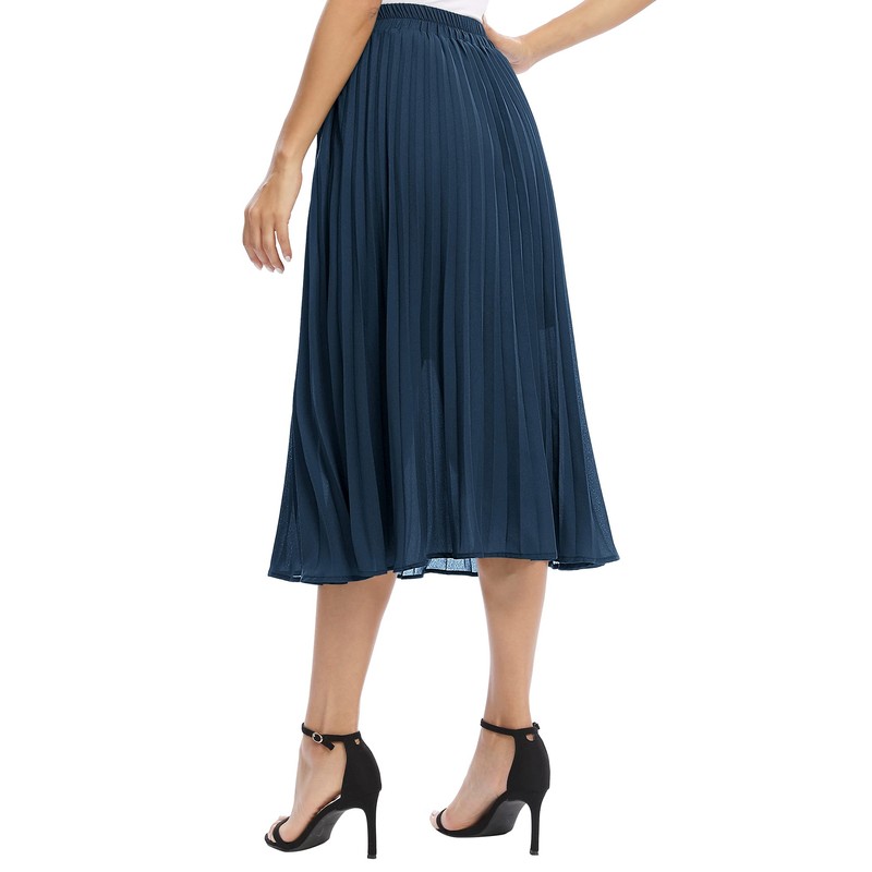 EXCHIC Women's Casual Chiffon Elastic Waist One Line Pleated Midi