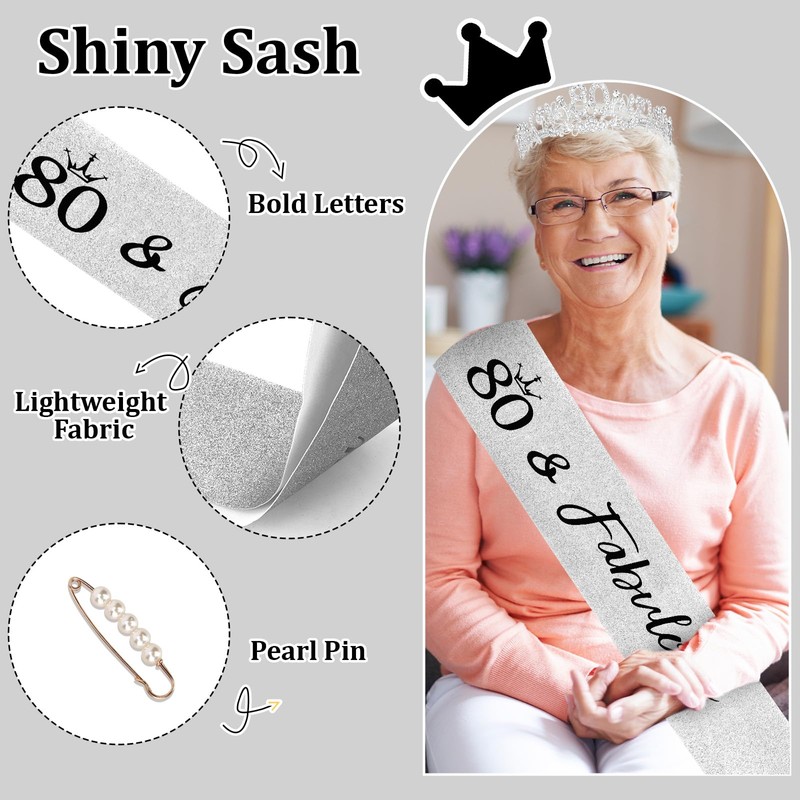 KIUEZIR Silver 80th Crystal Birthday Headband and Sash Set