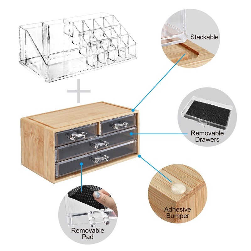 Neuxi Bamboo Makeup Organizer with 4 Acrylic Storages
