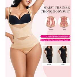 Nebility Thong Shapewear Bodysuit for Women Tummy Control Body Shaper Faja Seamless Waist Trainer Corset Stomach Girdles(Small,Beige Thong)