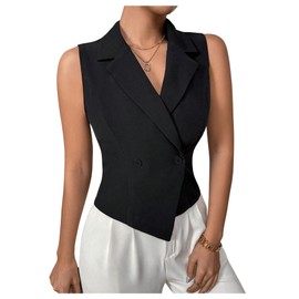 GORGLITTER Women's Asymmetrical Lapel V Neck Blazer Vest Button Front Business Elegant Waistcoat Vest Black X-Large