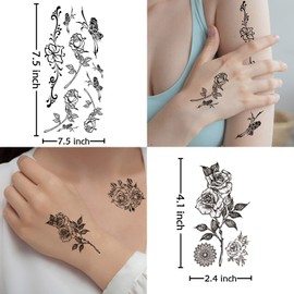 Acevegue 26 Sheets Fake Tattoos for Women and Girls, Black Semi Permanent Temporary Tattoos Kit Flowers Fairy Transfer Tattoos, Waterproof Colorful Rose Butterfly Stickers Gift Decorations Favors