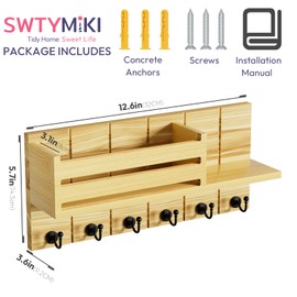 SWTYMIKI Key Holder for Wall - Key Hooks Wall Mounted with Shelf Includes Letter Holder & 6 Hooks, Key Racks with Mail Organizer, Key Hanger for Living Room, Kitchen, Office, Entryway, Bedroom(Wood)