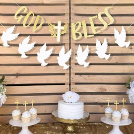 God Bless Decorations -White and Gold Dove Banner, Cross Garlands & Backdrops for Boy/Girl Baptism and First Communion Party Decorations Set
