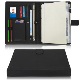 Wonderpool A4 PU Leather 3 & 4 Ring Holder Writing Portfolio Multi Document Case with Removable Binder Clipboard and Functional Pocket for Organizer Office Travel School (Black)