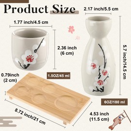 Skyley Japanese Sake Set with Tray Traditional Saki Cups Set Korean Soju Glass Ceramic Japanese Gifts for Cold Wine Holiday Christmas Gifts(Red,Plum Blossom)