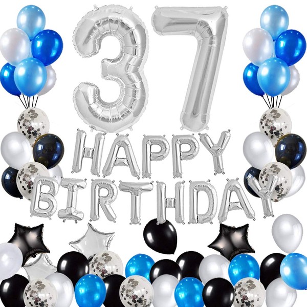 Risehy 37th Birthday Decorations Birthday Party Supplies Set- Foil Happy Birthday Banner Foil Balloons Number 37 and Star Shape Balloons 43 pcs Latex Balloons Silvery and Blue