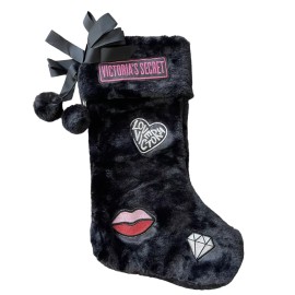 Victoria Secret Christmas Stocking Black w/Logo & Patches