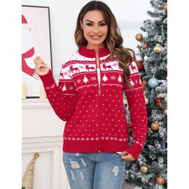 Sykooria Women's Cardigan Christmas Jacket Long Sleeve Cardigan Warm Outwear Sweater with Stand-Up Collar and Zip, Red Xmas
