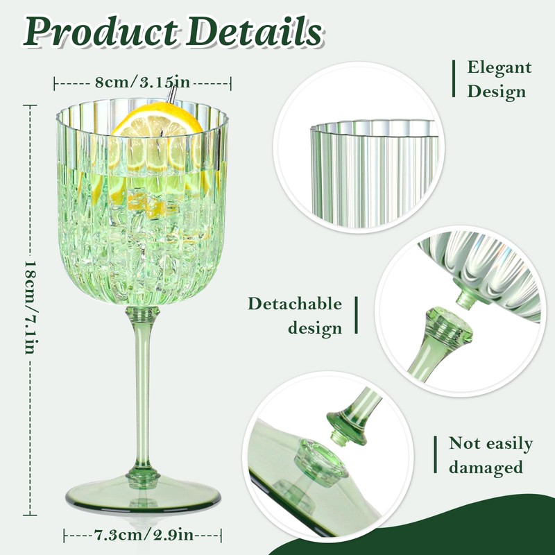 12 PCS Plastic Ribbed Wine Glasses 11oz Green Detachable Wine