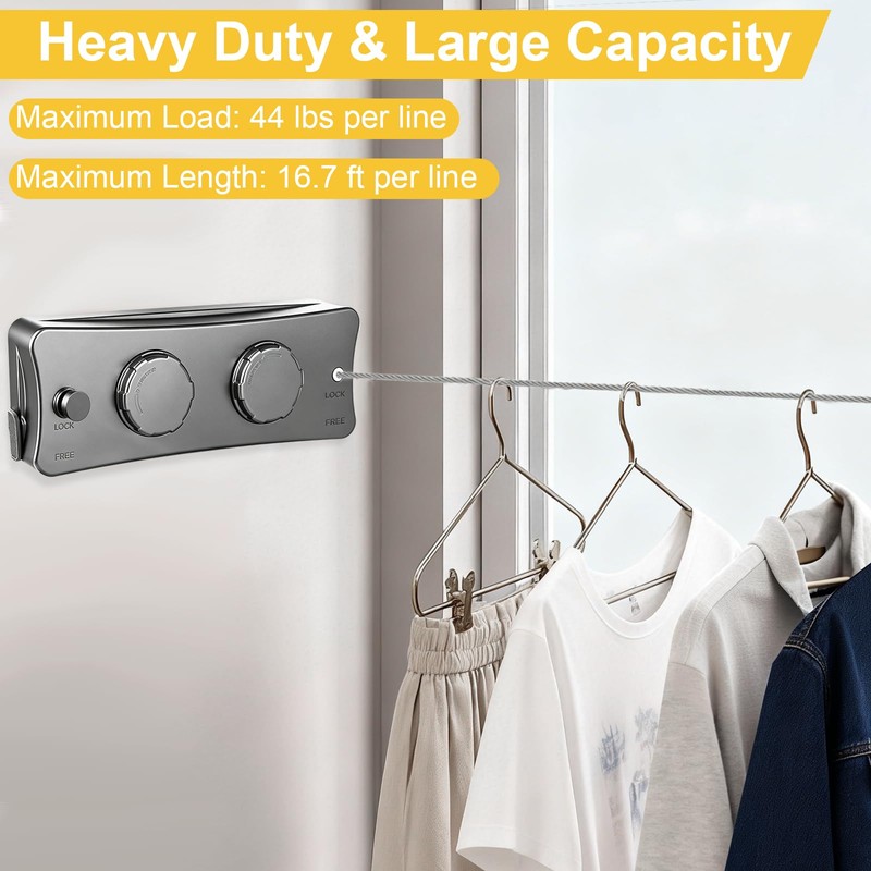 Retractable Clothesline Indoor & Outdoor, 16.7 Ft Non-Sagging Double Clothes