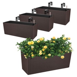 Aoodor 4Pcs 19.5" Rectangular Window Box Wall Mount/Railing Planter, Self-Watering Planter with Adjustable Bracket, for Fence, Balcony, Patio, and Outdoor Decor - Coffee