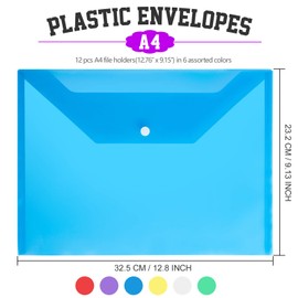 LEOBRO Plastic File Folders, 12 PCS A4 Plastic Envelopes with Snap Closure, Folders for Document, Reusable File Bags, Document Holder, for School Office