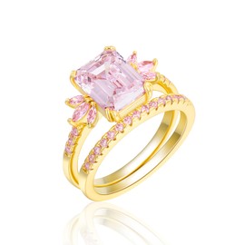 LAZLUVU Classic Cubic Zirconia Engagement Rings 18K Gold Pink Stone Stackable Wedding Rings Bridal Set Promise Ring Jewelry Gift for Women Wedding Anniversary Size 7
