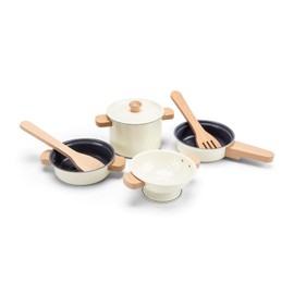 Woet Metal Pot & Pan Set – Off-White Toy Kitchen Playset for Toddlers 24 Months+ – 7-Piece Pretend Cooking Set with Wooden Utensils – Accessories for Boys and Girls