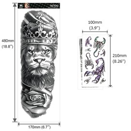 ANIUVOT Extra Large Realistic Tattoo Stickers, Shoulder to Wrist, Men and Women, Set of 6 (6 x 17 x 48 CM) and 2 (21 x 10 cm) Lion, Angel, Skull, Scorpion, Waterproof and Long Lasting, Tattoo Stickers