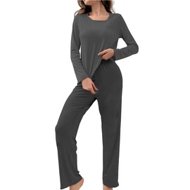 Bunanphy Womens 2 Piece Pajama Sets Solid Color Loose Fit Long Sleeve Tops and Pants Lounge Sets #A Grey Medium