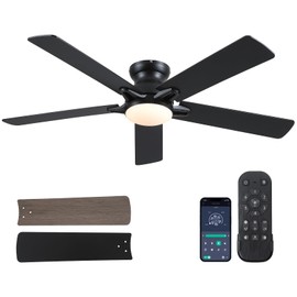 CHESUR 56" Black Outdoor Ceiling Fans with Lights - Flush Mount Low Profile Ceiling Fan, 5 Blades and Six Wind Speeds Control, Reversible Modern Fan Light for Living Room, Covered Patios, Black