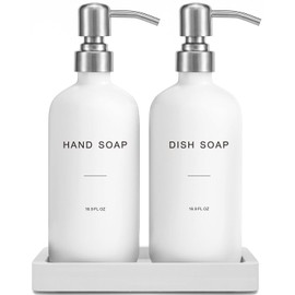 Prus Waso White Soap Dispenser for Kitchen Sink, Dish and Hand Soap Dispenser with Silver Stainless Steel Pump, Perfect for Kitchen Decor and Accessories. (Silver & White)
