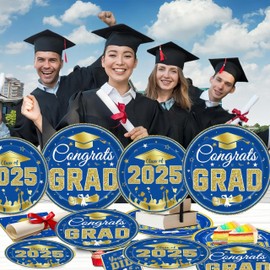 Graduation Party Decorations 2025, Graduation Party Supplies Plates and Napkins,Congrats Grad Banner Tablecloth, Grad Decorations Class Of 2025 Blue Gold Disposable Paper for Grad Party Decor Serve 22