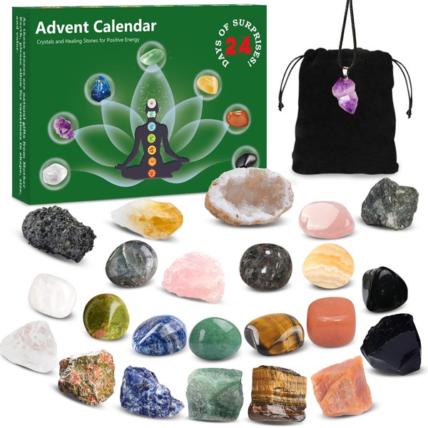 Advent Calendar 2023 Crystals and Gemstones-24 Days Christmas Countdown with Chakra Stones Healing Crystals Set,Christmas Gifts for Women Girls Boys&Beginners to Learning,Collection,Yoga,Meditation
