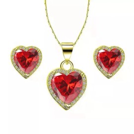 Paris Jewelry 18k Yellow Gold Plated Heart 4 Ct Created Garnet CZ Full Set Necklace, Earrings