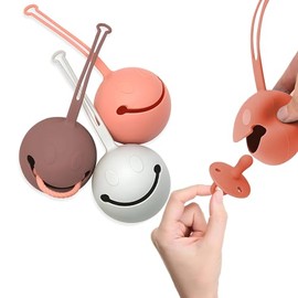 3 Piezas Estuche para Chupón de Silicón, Porta Chupones para Bebe con Linda Carita Sonriente,Sostenedor de Chupetes Portátil con Corbatas, Seguro y Resistente al calor, apto para Lavavajillas (Dibujos Animados, Albaricoque+Gris+Café)
