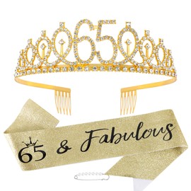 Vovii 65th Birthday Sash and Tiara, Gold Tiara, 65th Birthday Gifts for Women, 65th Birthday Decorations for Women, Happy 65th Birthday Decorations
