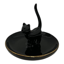 ROSA&ROSE Cat Ring Holder Trinket Tray Ceramic Jewelry Dish Porcelain Ring Organizer Gift for Women, Girlfriend or Valentine's Day (Black)
