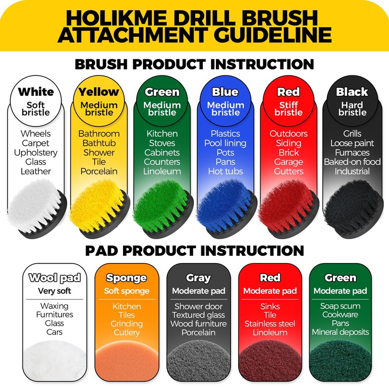 Holikme 15-Piece Drill Brush Attachment Set - Power Scrubber, Crevice,