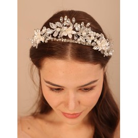Missgrace Women Silver Faux Pearls Handmade Crystal Rhinestone Leaf Flower Headband Shinny Headpiece Bridal Wedding Hair Accessories for Women