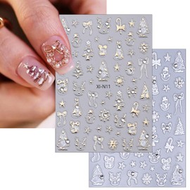 2sheets Christmas Nail Stickers for Nail Art 3D Self Adhesive Christmas Tree Nail Art Stickers with Rhinestones Winter Gold White Bow Star Snowman Snowflake Nail Decals for Women Girl Nail Design