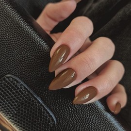 Glossy Coffee Press on Nails Almond,KXAMELIE Glue on Nails Medium Length Almond Shaped,Fake Nails Stick on Nails for Women and Girls Daily Wear in 24PCS