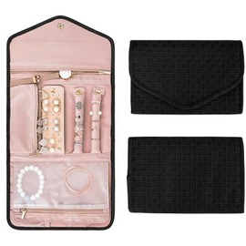 Jewellery Organizer Roll Bag Leather Jewelry Storage Roll, Portable Jewelry Storage Travel Jewel Bag Waterproof Large Jewellery Storage Bag for Necklace Bracelets Earrings Gift Girls Women, Black