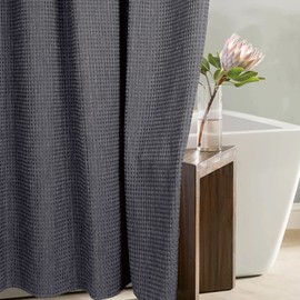 Dark Grey Waffle Shower Curtain: 96 Inch Gray Textured Heavy Duty Fabric Extra Long Shower Curtains for Bathroom - Water Repellent Washable Cloth Hotel Spa Luxury Neutral Bath Curtain - 72x96