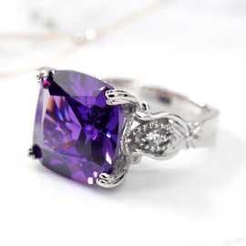 DoubleAccent Sterling Silver Art Deco Design Cushion Cut Simulated Amethyst CZ Cocktail Ring (Size 5 to 9), 9