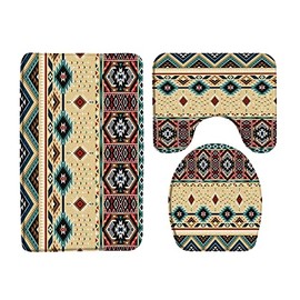 3 Pieces Bath Rugs Aztec Southwestern Native Tribal Navajo American Ethnic Abstract Triangular Geometric Vintage,Microfiber Memory Foam 18x30 Inch Bath Mat Sets or Bathroom Decor Turquoise