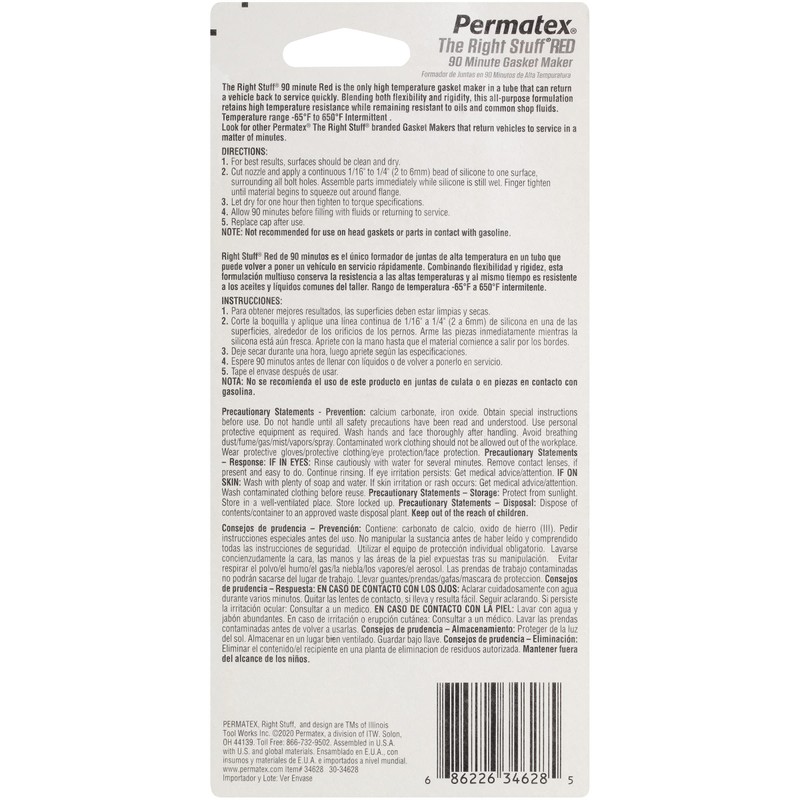 Permatex 34628 Right Stuff 90 Minute Red High Temperature Gasket