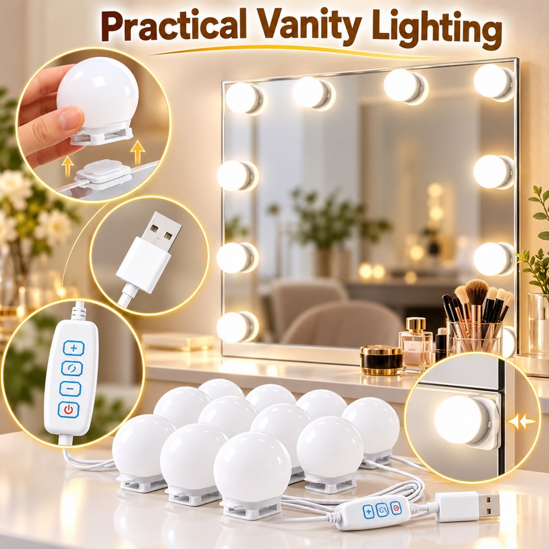 Detachable LED Makeup Mirror Lights – USB-Powered Hollywood Vanity Bulbs