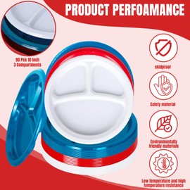 FYSUIMU 90Pcs 10 Inch 3 Compartment Divided Plates Plastic Disposable Patriotic Party Dinner Plates for 4th of July Independence Day Birthday (Red Blue White)